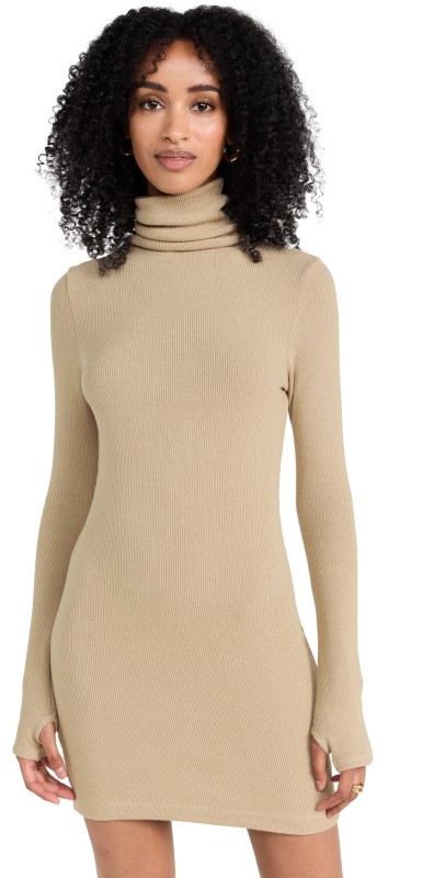 Enza Costa Knit Turtleneck Tunic Mini Dress Khaki