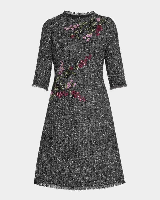 Fringe-Trim Floral Applique Tweed Dress