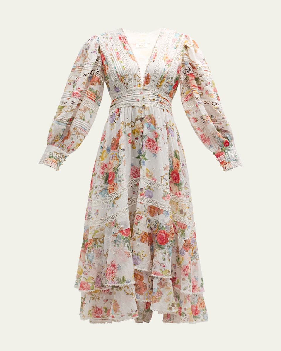 Floral Cotton Button-Front Maxi Dress with Lace Inserts