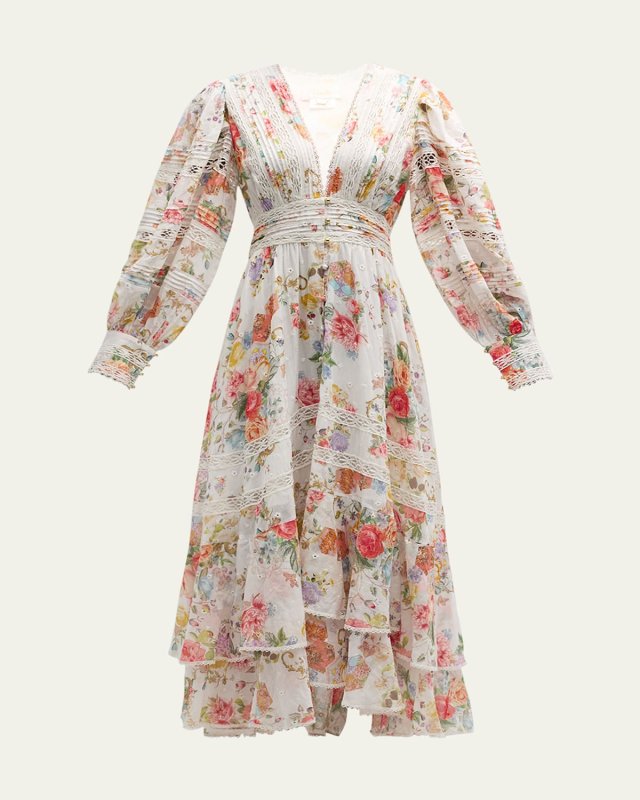 Floral Cotton Button-Front Maxi Dress with Lace Inserts