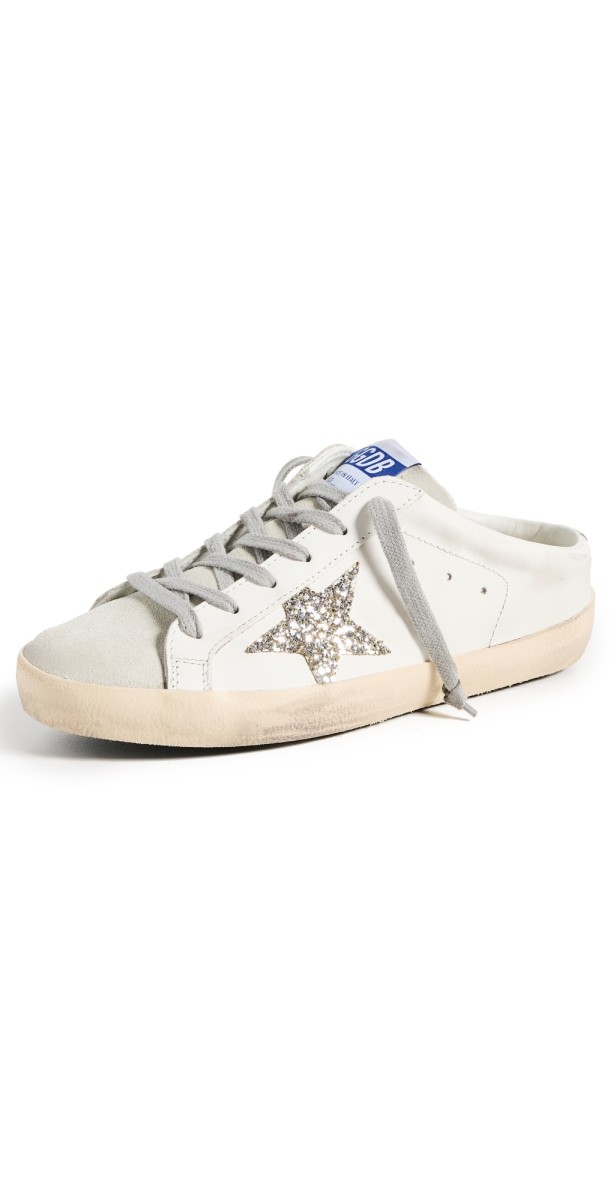Golden Goose Super Star Sabot Leather Upper Suede Glitter Sneakers WHITE/ICE/PLATINUM