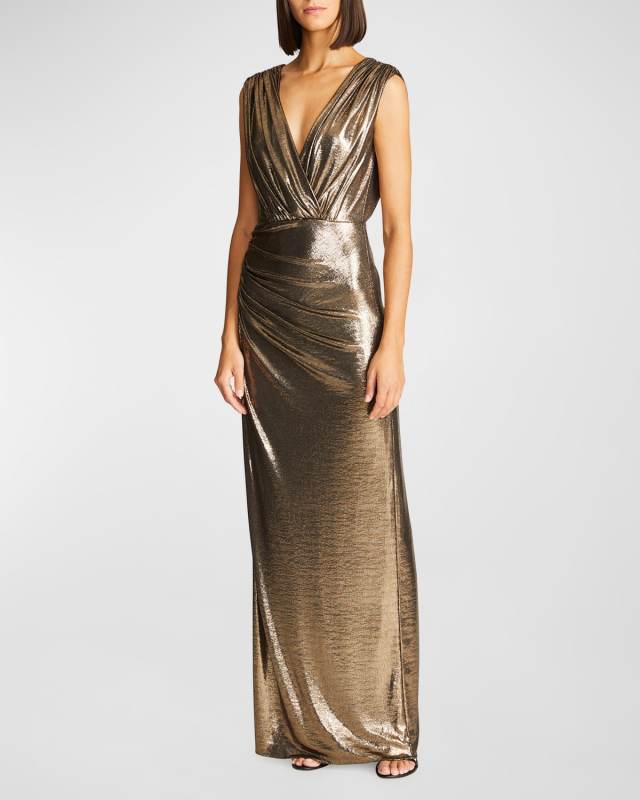 Misha Sleeveless Metallic Jersey Column Gown