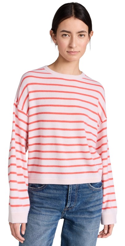 White + Warren Cashmere Drop Shoulder Striped Sweatshirt Pink Sand/Rugby Red