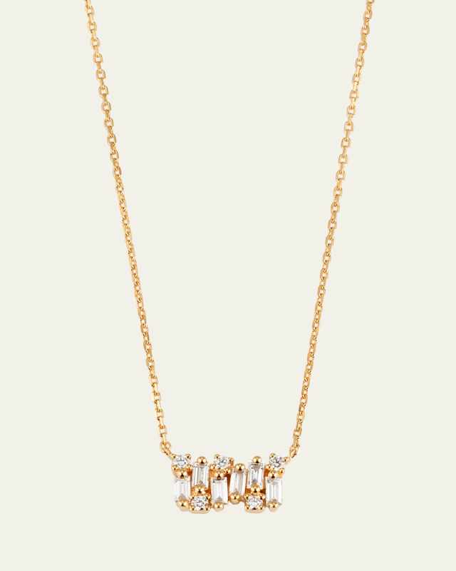 18K Yellow Gold Round and Baguette White Diamond Necklace