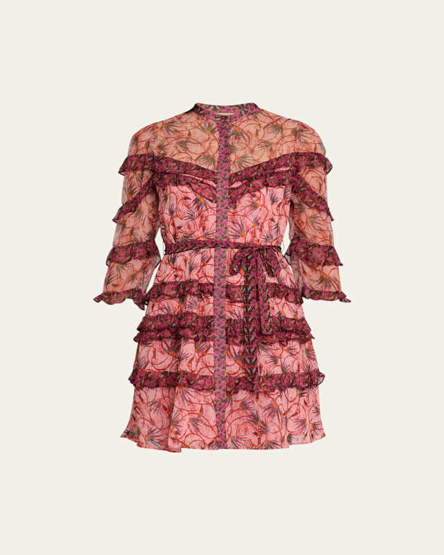 Tasha Tiered Ruffle Silk Button-Front Mini Dress