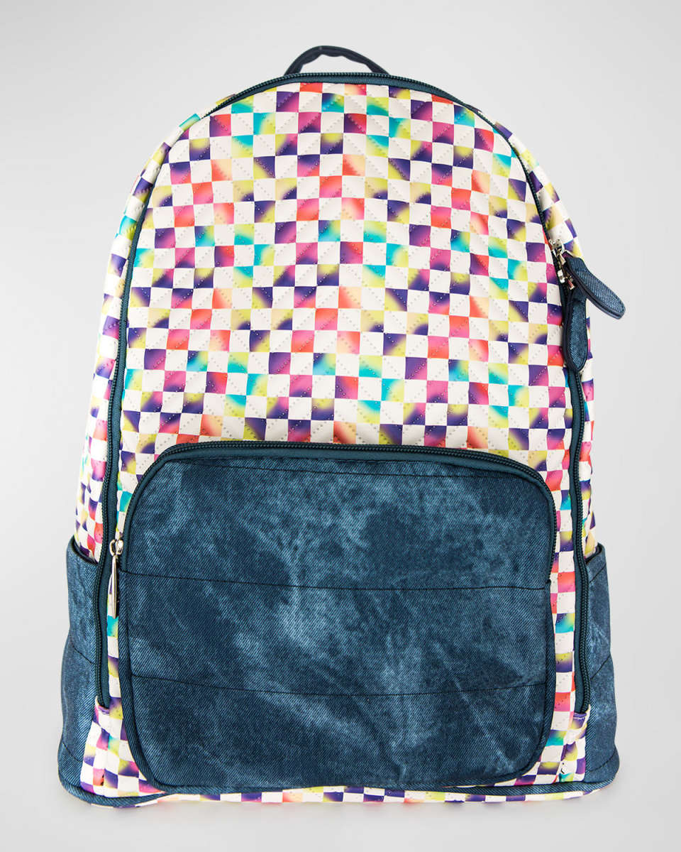 denim and rainbow check backpack