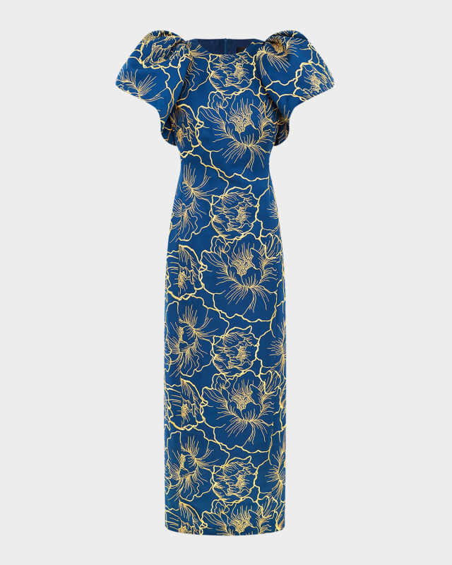 Lucinda Puff-Sleeve Floral Jacquard Column Gown