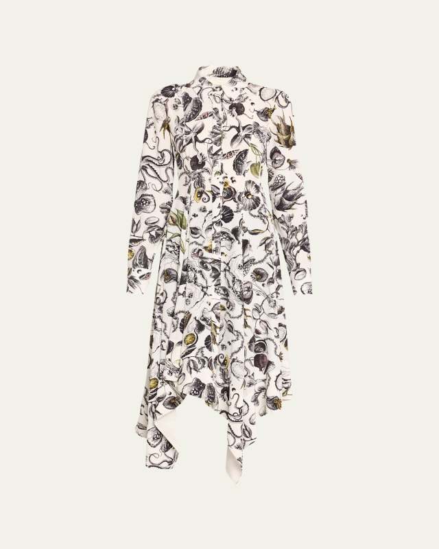 Marine Print Asymmetric Midi Dress