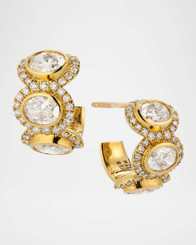 18K Yellow Gold Oval Diamond Melee Halo Huggie Earrings