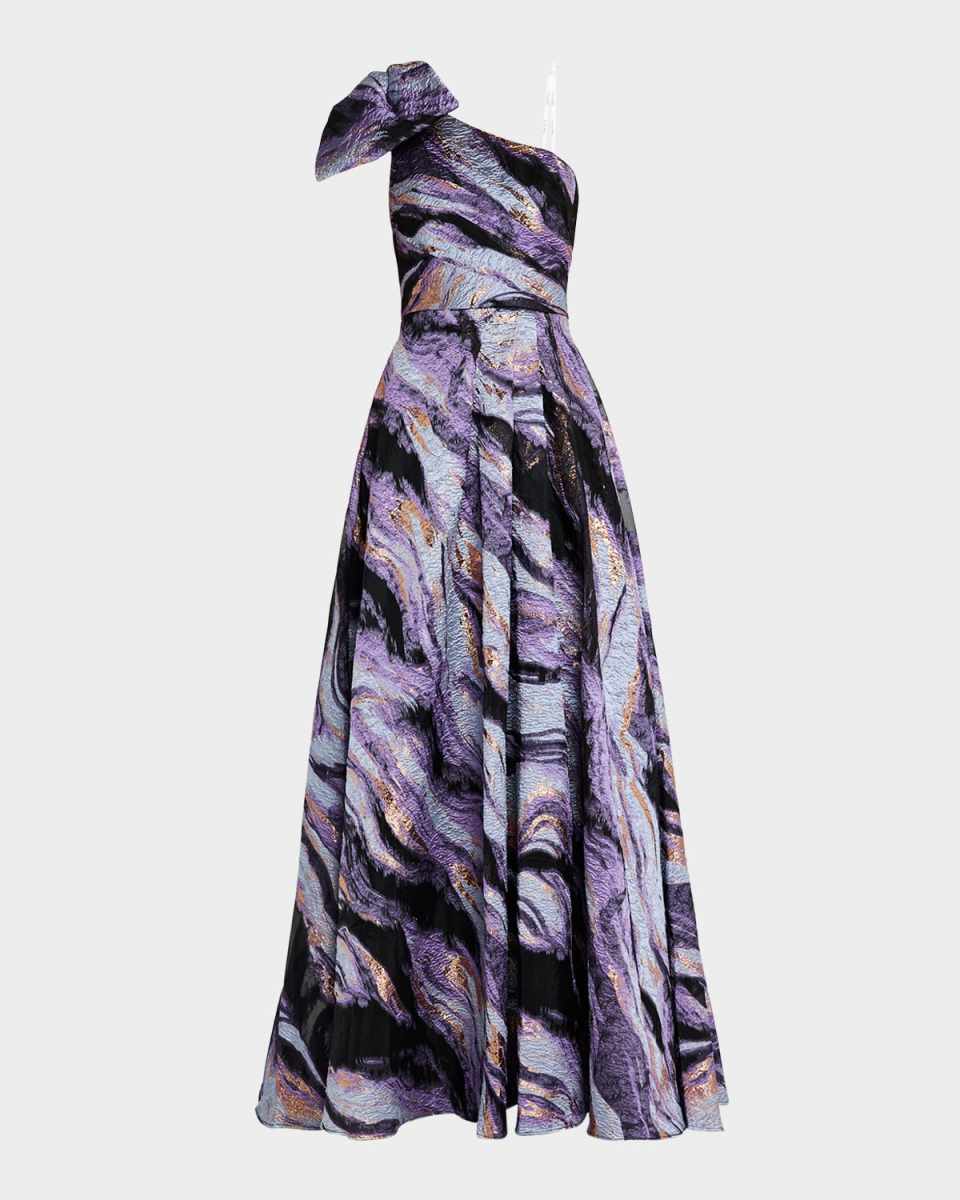 One-Shoulder Metallic Jacquard Gown