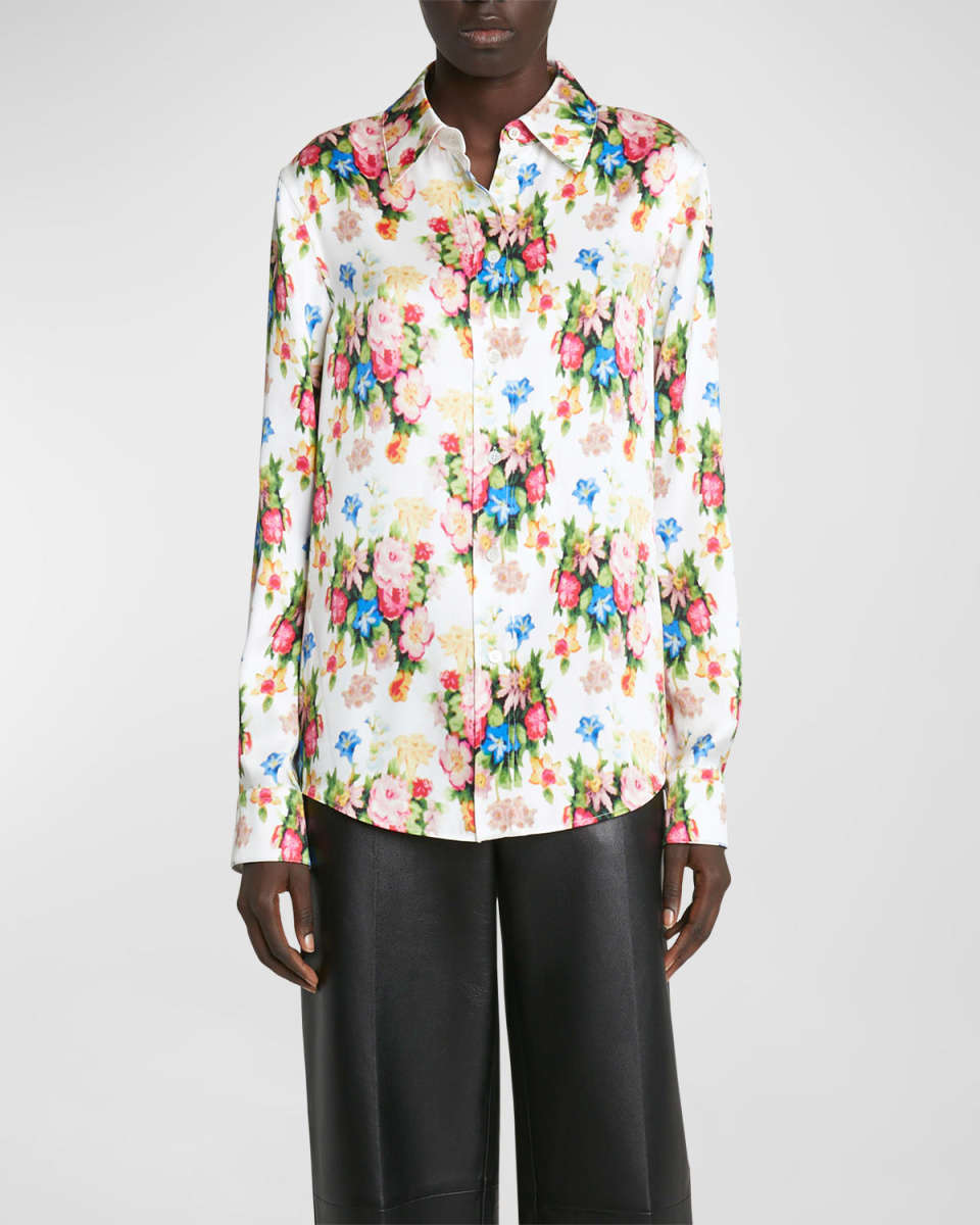 Floral-Print Button-Down Silk Blouse