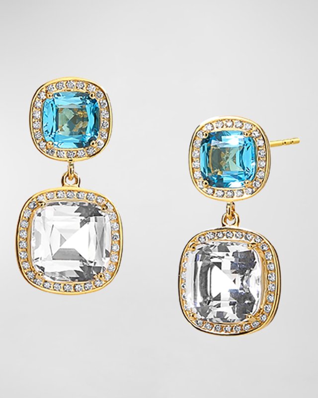 18K Multi Stone Cushion Drop Earrings with Diamonds