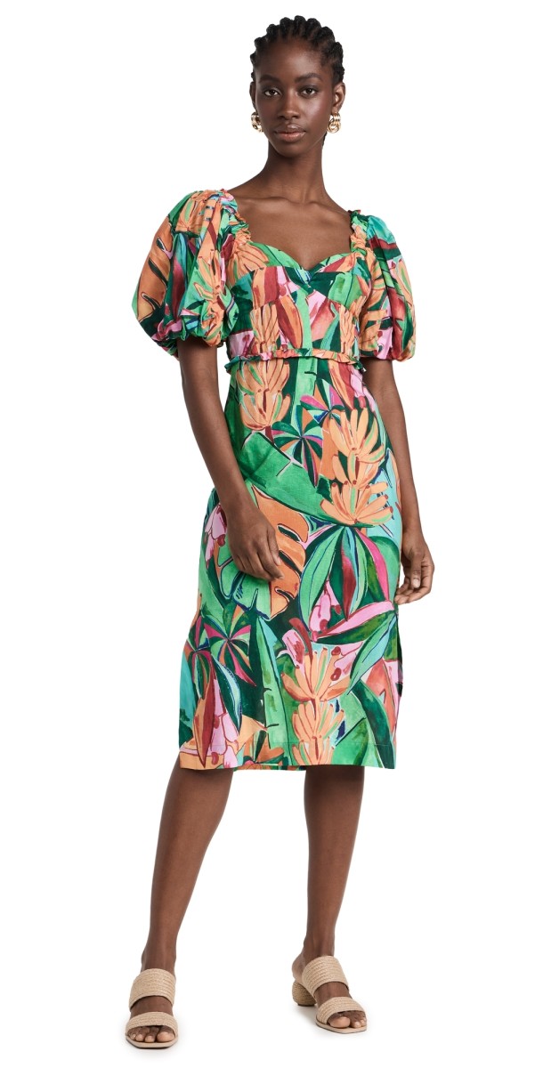 FARM Rio Banana Foliage Multicolor Puffedleeve Midi Dress Banana Foliage Multicolor