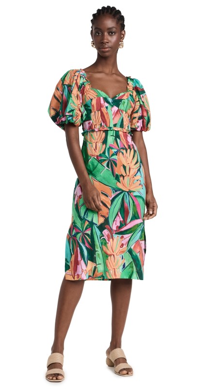 FARM Rio Banana Foliage Multicolor Puffedleeve Midi Dress Banana Foliage Multicolor