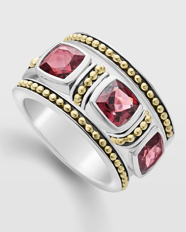 Rittenhouse Rhodolite Garnet Triple 6mm Cushion-Set Ring