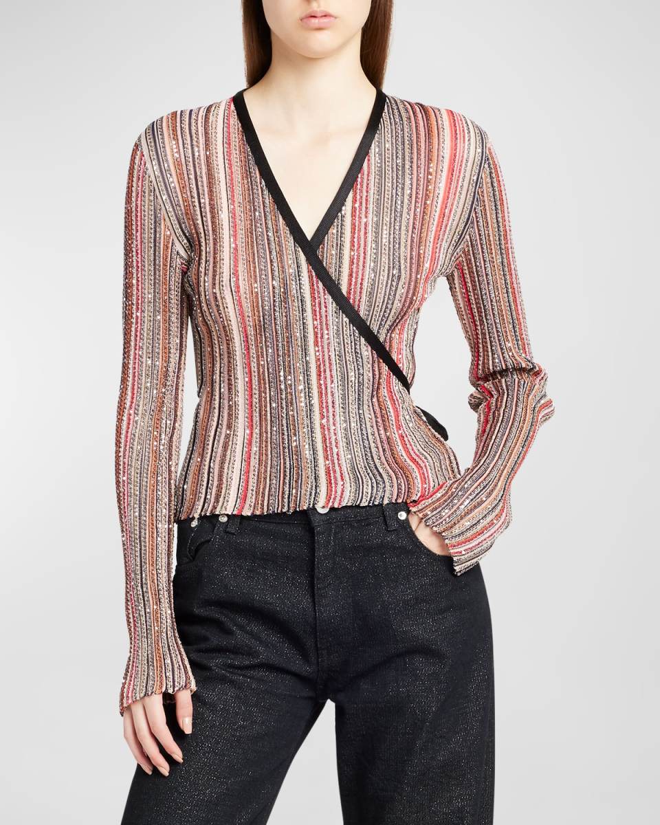 Striped Paillette Knit Wrap Sweater