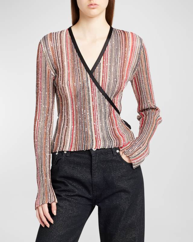 Striped Paillette Knit Wrap Sweater