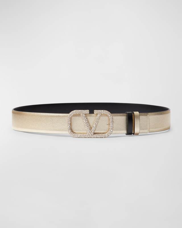 V-Logo Signature Reversible Crystal & Leather Belt