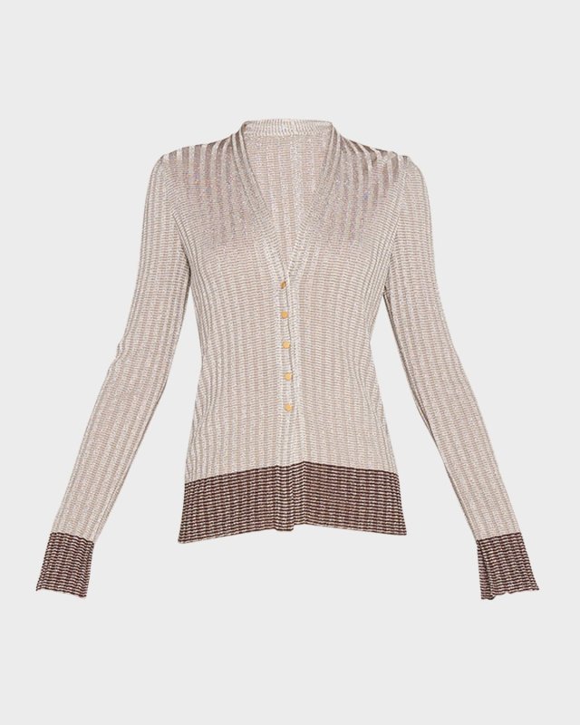 Metallic Stripe Ribbed Snap-Front Cardigan