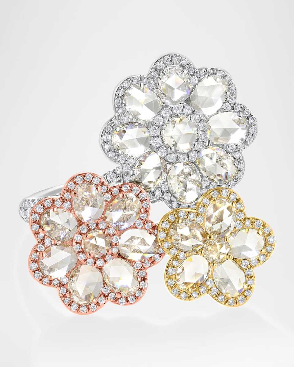 Floral 18K Yellow, White, and Rose Gold Triple Flower Ring, 3.00tcw, Size 6.25