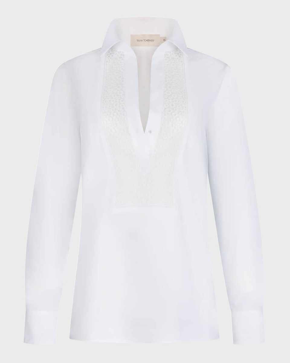 Bega Lace Bib Long-Sleeve Collared Blouse