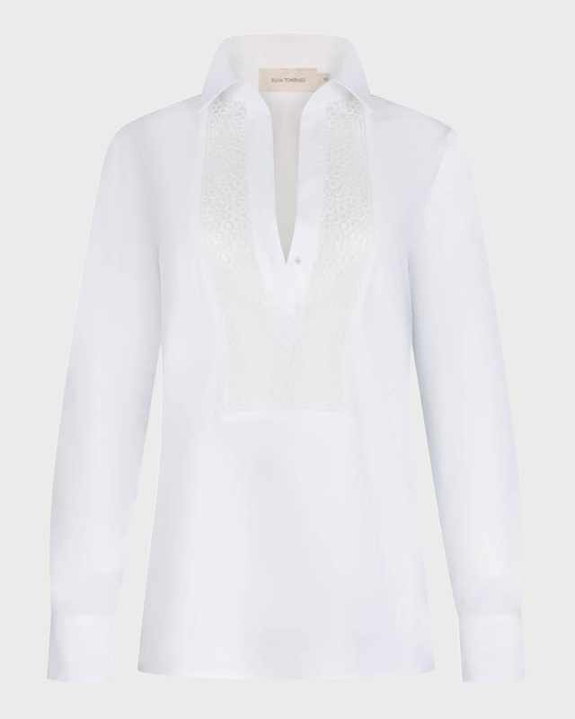 Bega Lace Bib Long-Sleeve Collared Blouse