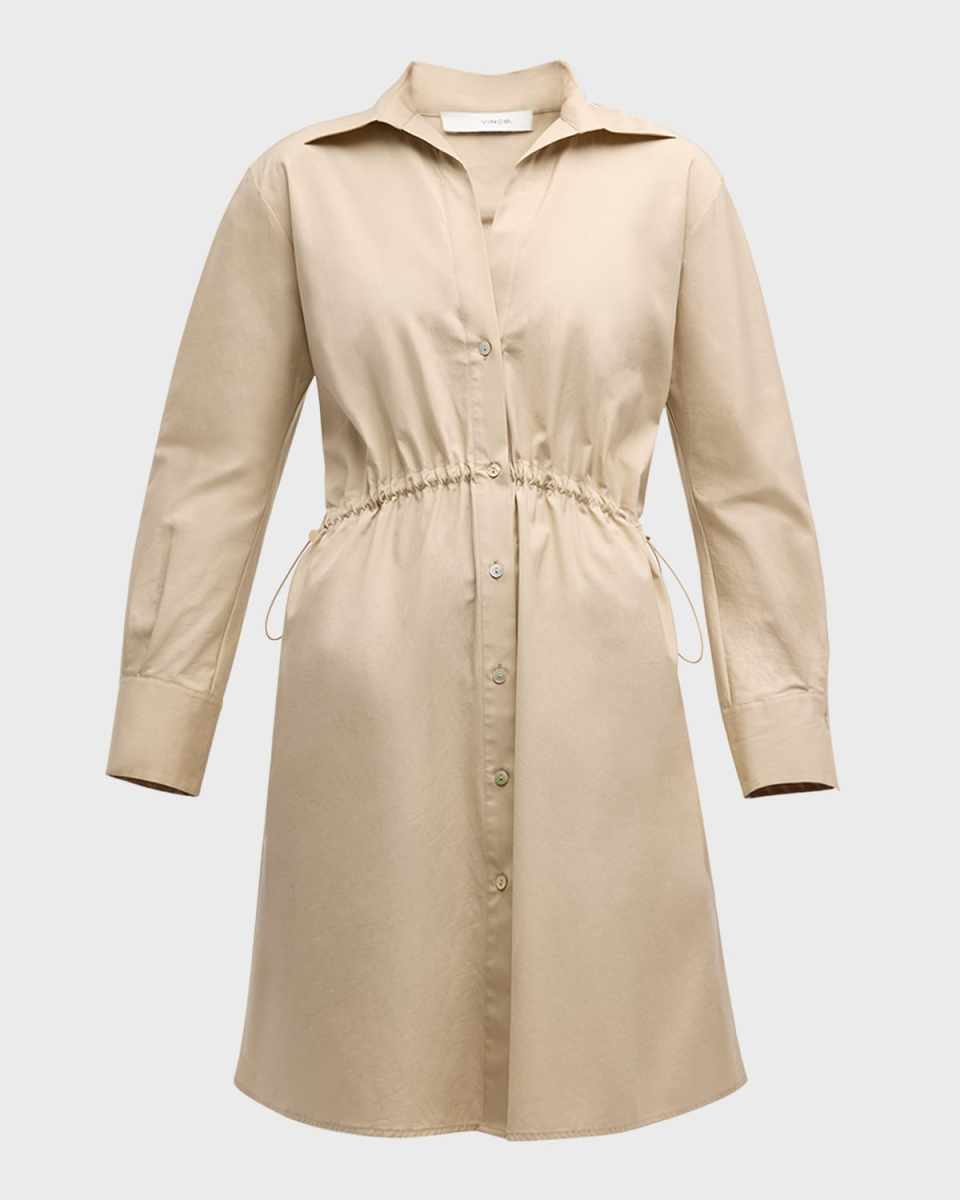 Drawcord Ruched Cotton Poplin Mini Shirtdress