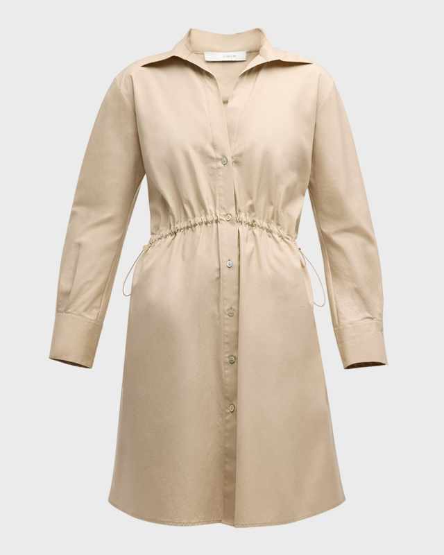 Drawcord Ruched Cotton Poplin Mini Shirtdress