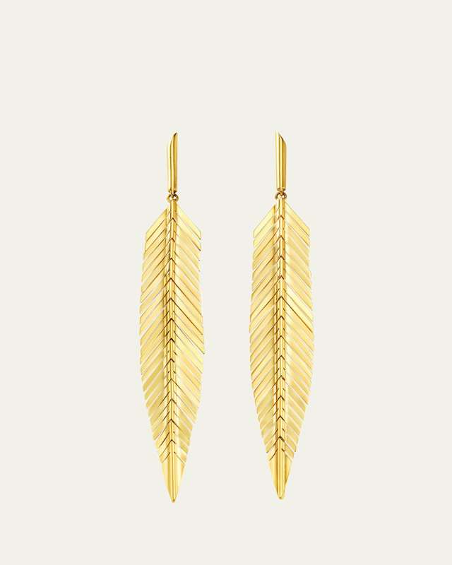 18k Yellow Gold Medium Feather Drop Earrings