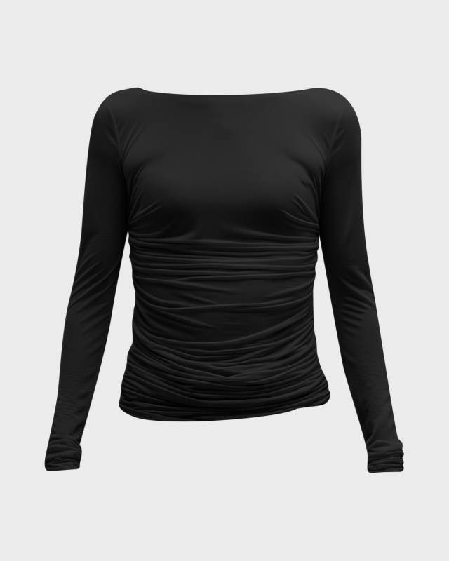 Ruched Bateau-Neck Jersey Chiffon Blous