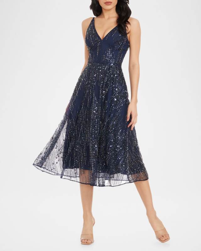 Elisa Sleeveless Bead & Sequin Midi Dress