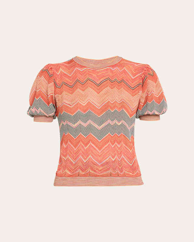 Priscilla Puff-Sleeve Chevron-Print Top