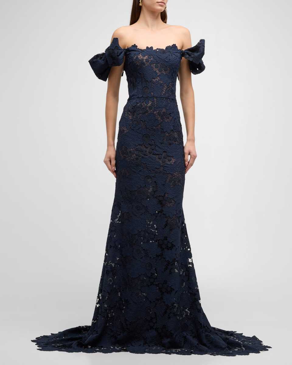 Botanical Guipure Bow Off-The-Shoulder Trumpet Gown
