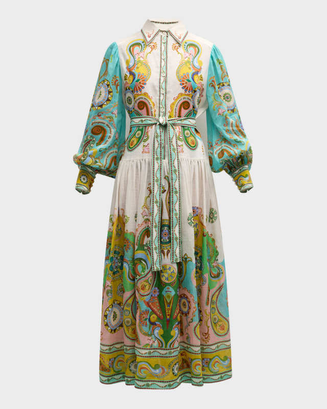 Pinball Balloon-Sleeve Paisley Maxi Shirtdress