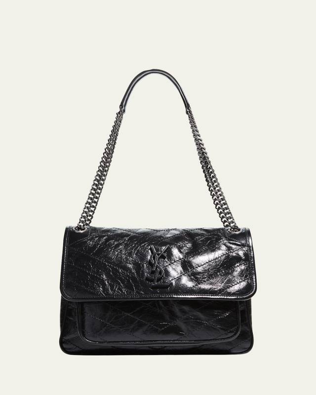 Niki Medium Flap YSL Shoulder Bag in Crinkled Leather