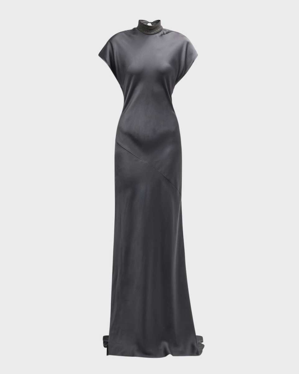 Monili Rib Collar Cap-Sleeve Satin Cady Gown
