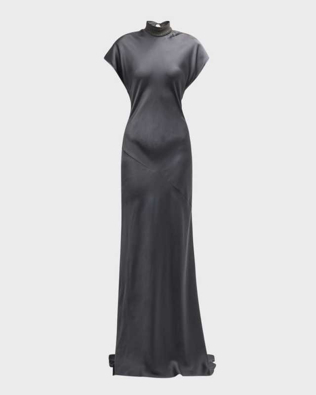 Monili Rib Collar Cap-Sleeve Satin Cady Gown