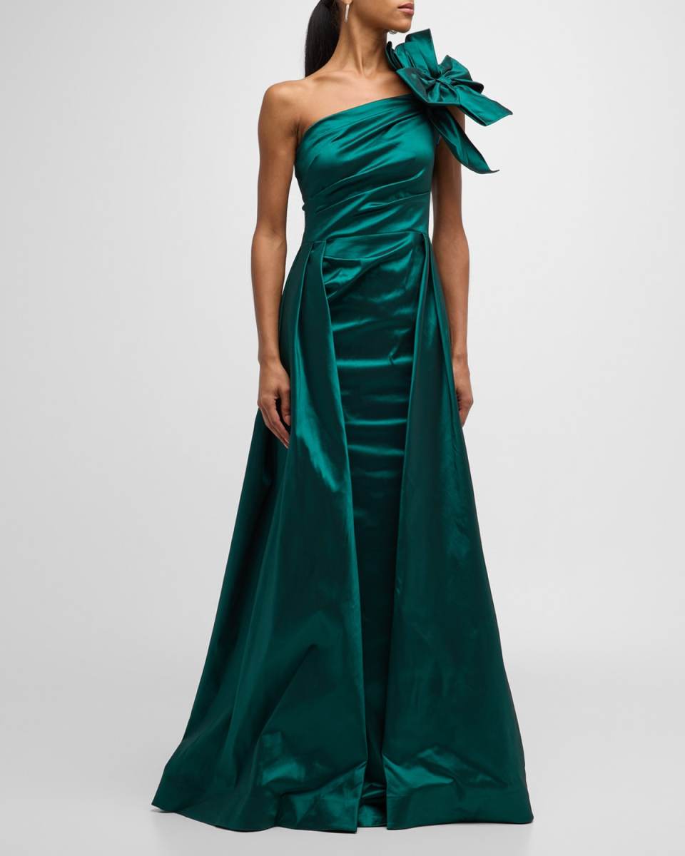One-Shoulder Pleated Stretch Taffeta Gown