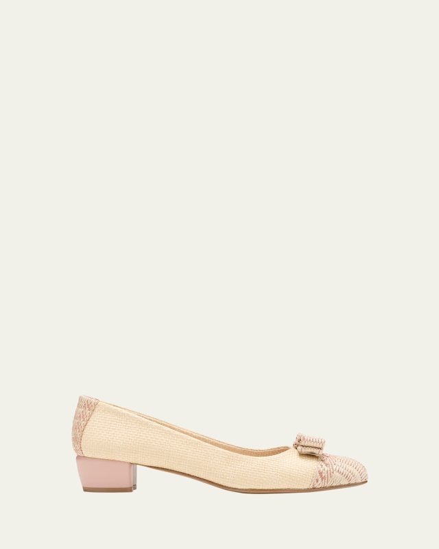 Vara Raffia Bow Cap-Toe Ballerina Flats