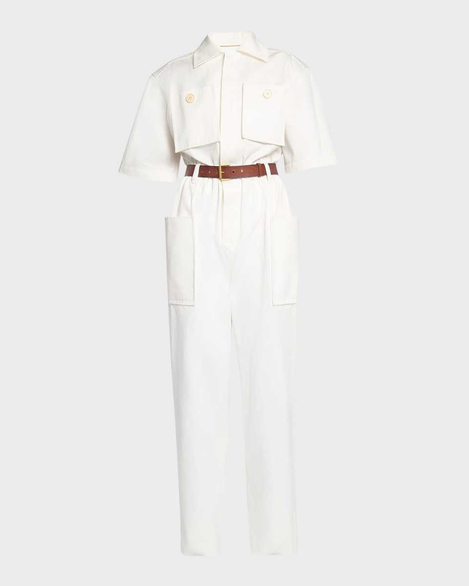 Short-Sleeve Belted Straight-Leg Jumpsuit