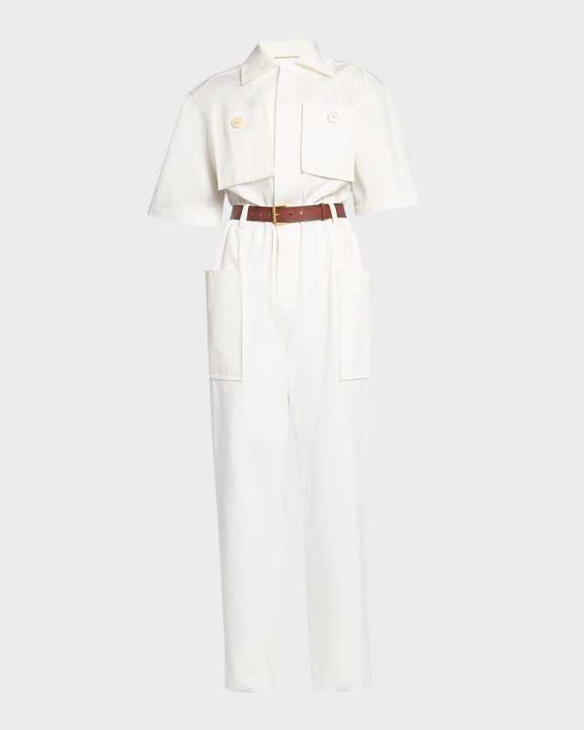 Short-Sleeve Belted Straight-Leg Jumpsuit