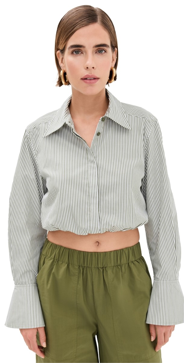 SIMKHAI Blythe Cropped Button Down Top Army Green Stripe