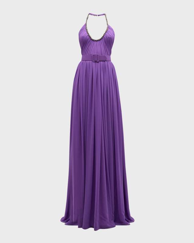 Belted Ruched Halter Gown