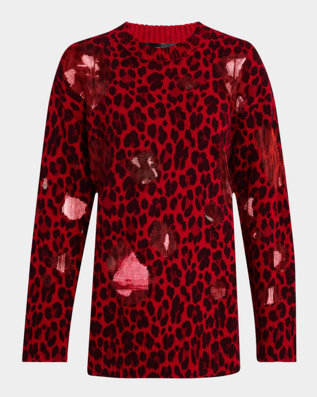 Leopard-Print Distressed Wool Sweater