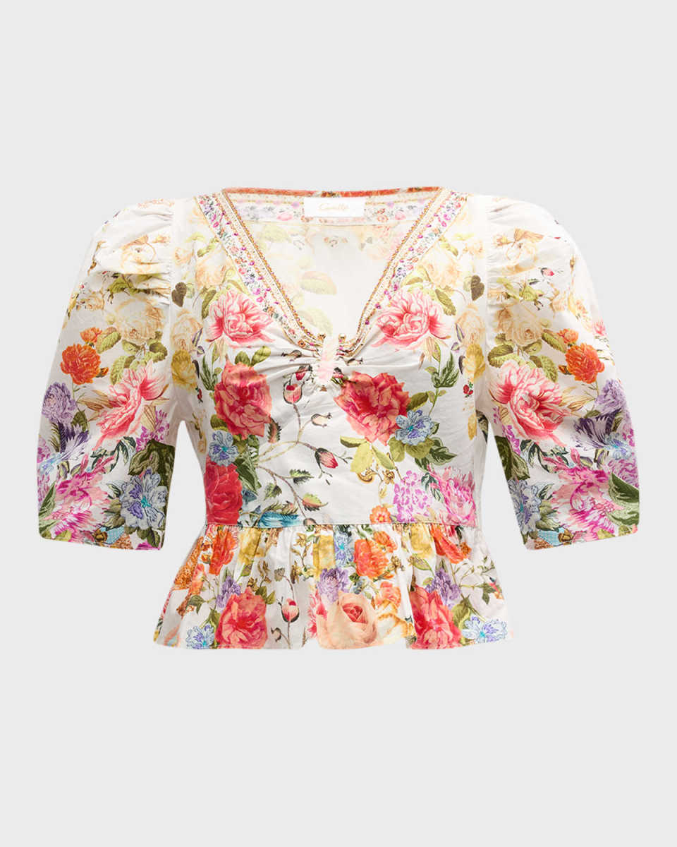 Puff-Sleeve Floral Cotton Top with Hardwar