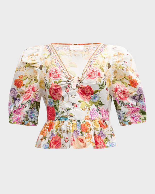 Puff-Sleeve Floral Cotton Top with Hardwar