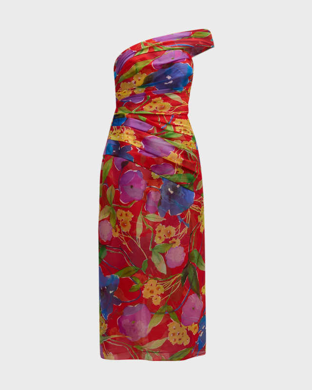 Floral One-Shoulder Ruched Midi Dress with Shoulder Sash