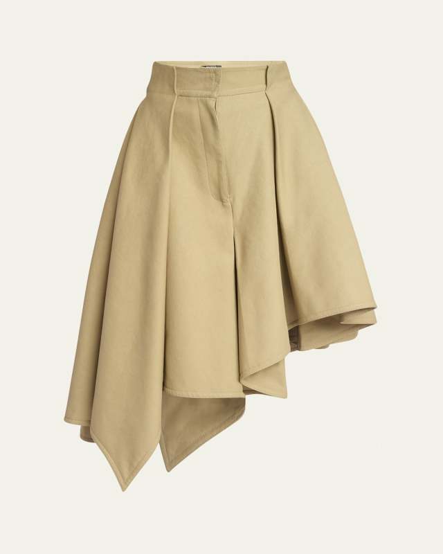 Pleated High-Low Cotton Midi Skirt