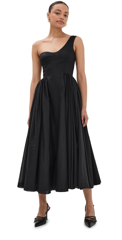 A. W.A. K.E. MODE Asymmetrical Off Shoulder Dress with Gathered Skirt Black