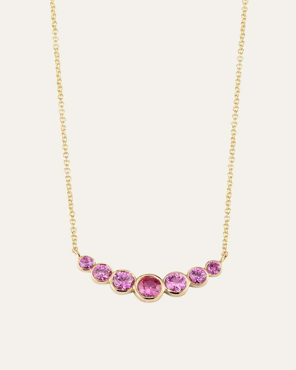 14K Graduated Bezel Curve Bar Necklace with Pink Sapphires